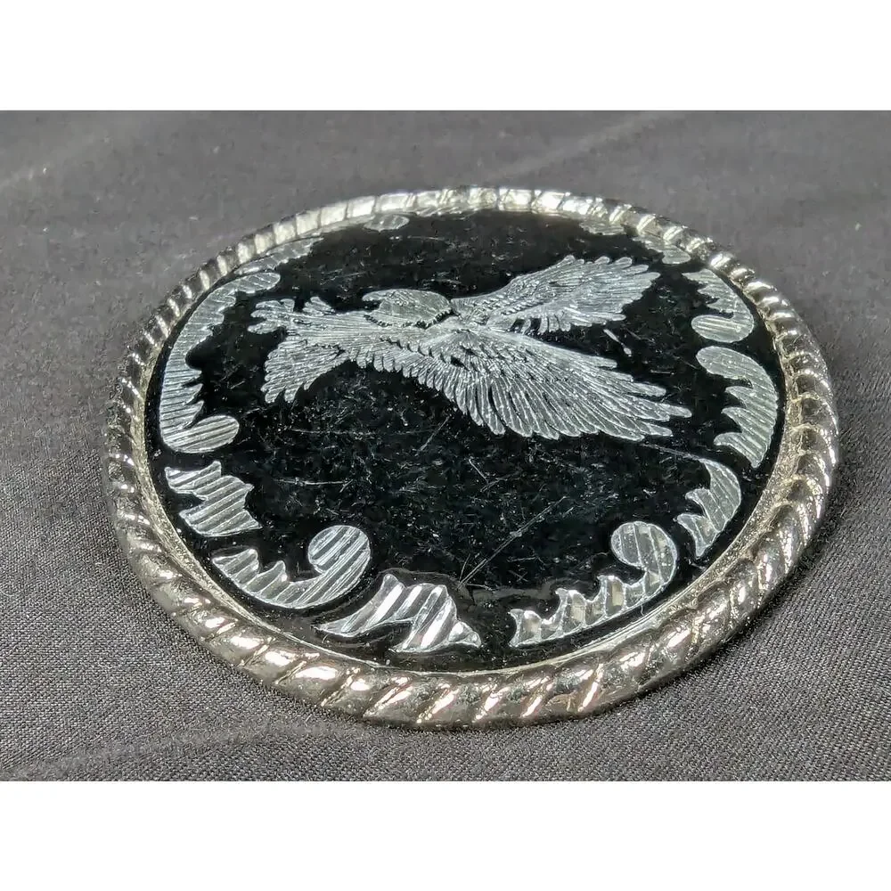 Vintage Oval Belt Buckle Silver-Tone Eagle Motif Black Enamel Rope Border 3.5in
